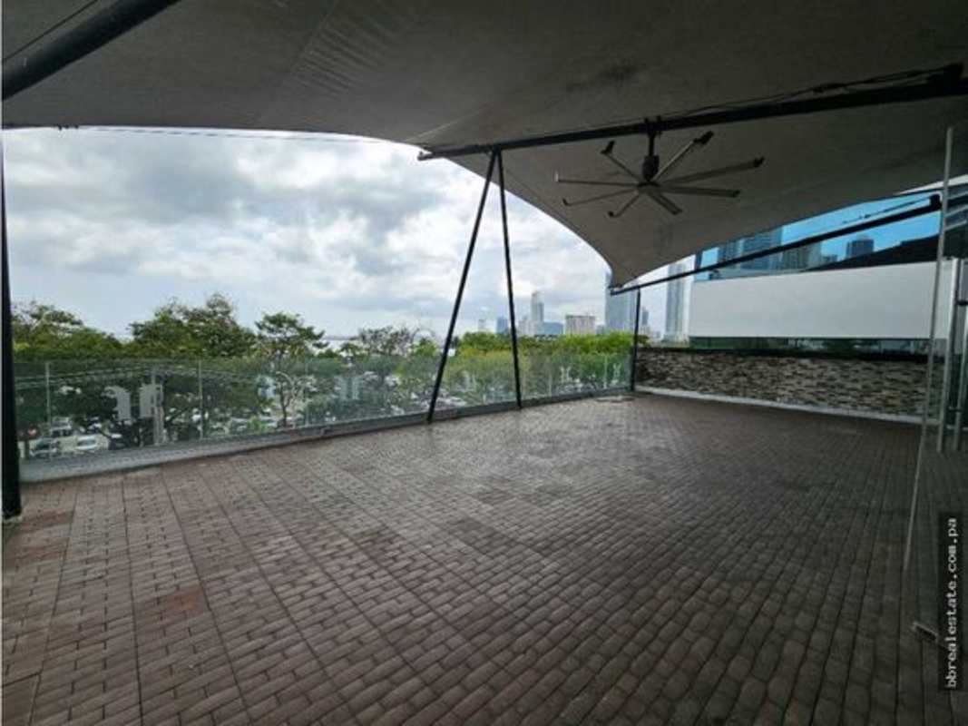 Terrace with canopy and glass railing, panoramic view of Panama skyline and bay at PH Bicsa Tower
