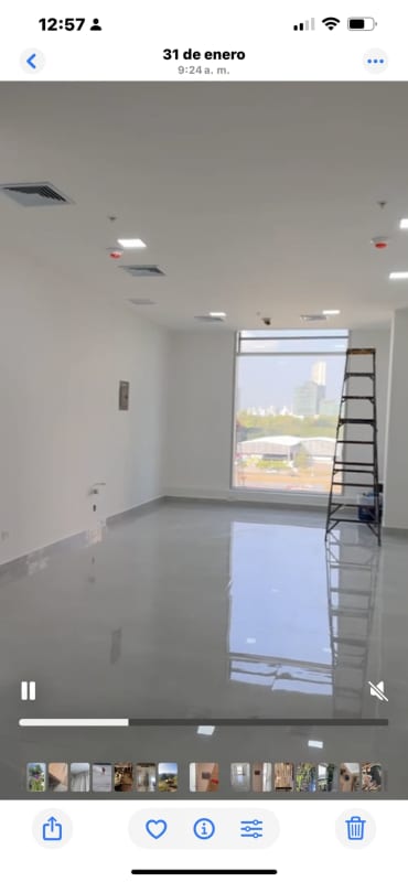 Unfurnished bright office room with large window, polished tile floors, ceiling infrastructure, Town Center Costa del Este