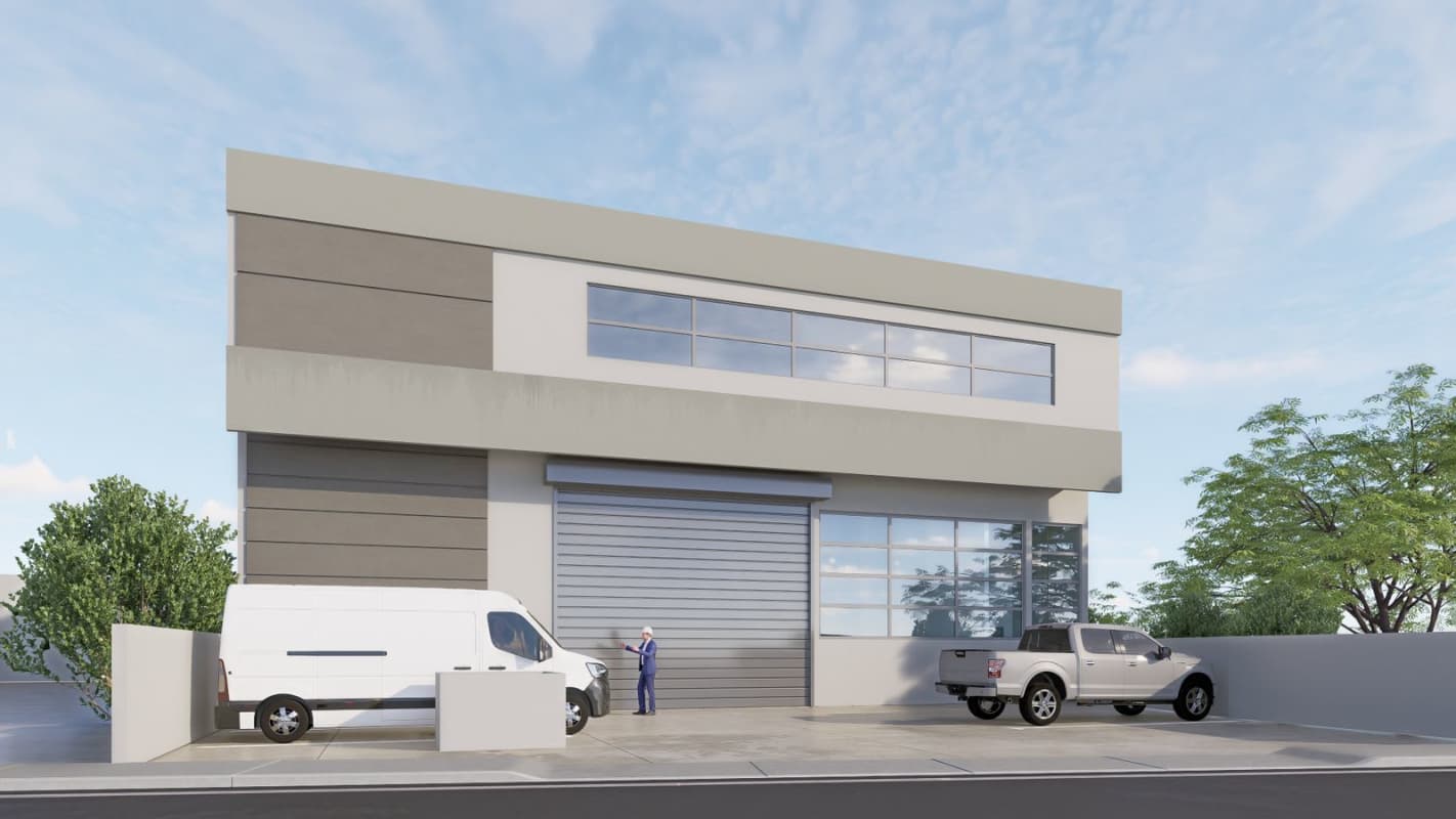 Modern industrial warehouse exterior with large roller door and parking in Rio Abajo Panama City