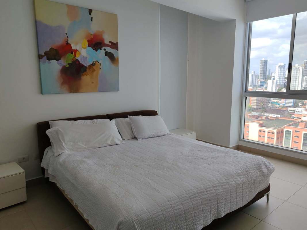 Second bedroom furnished with city skyline views PH Rivage Tower Panama