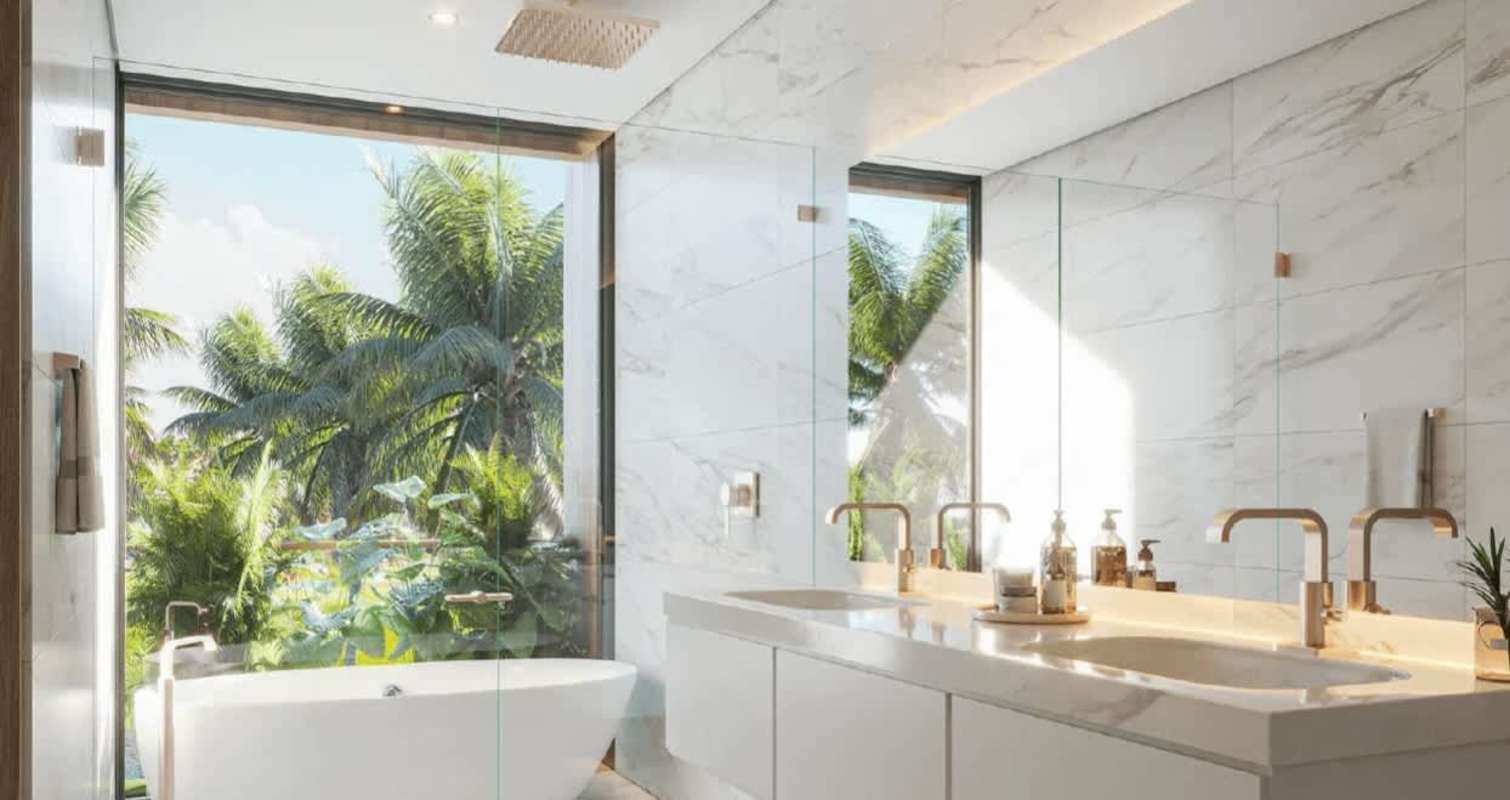 Luxurious bathroom with marble, freestanding tub, panoramic windows overlooking golf in PH Quintessence Panama