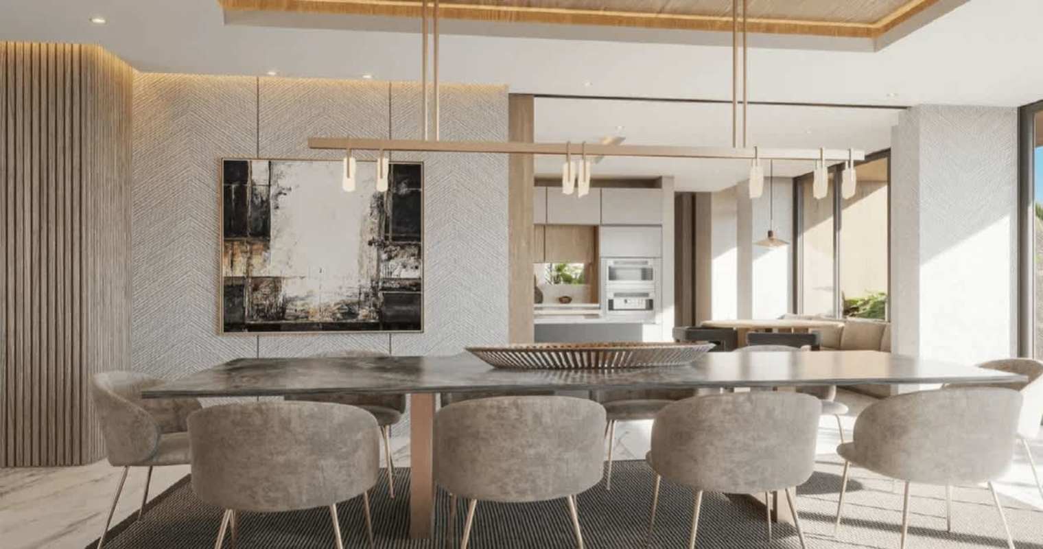 Minimalist dining room with large windows and modern art wall PH Quintessence Santa Maria Panama