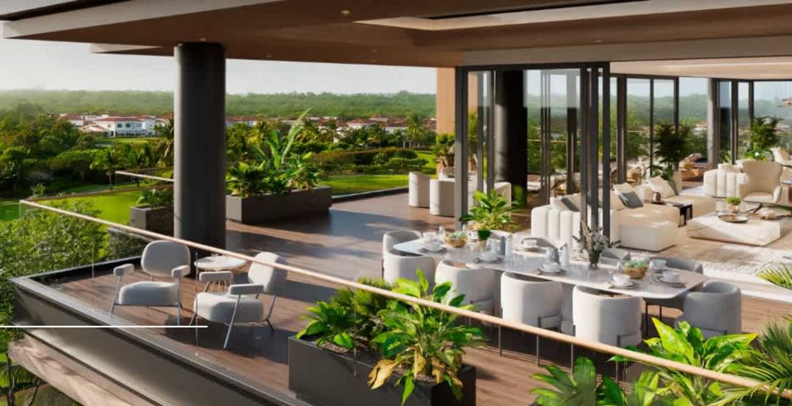 Spacious modern terrace with dining area overlooking lush golf course PH Quintessence Panama