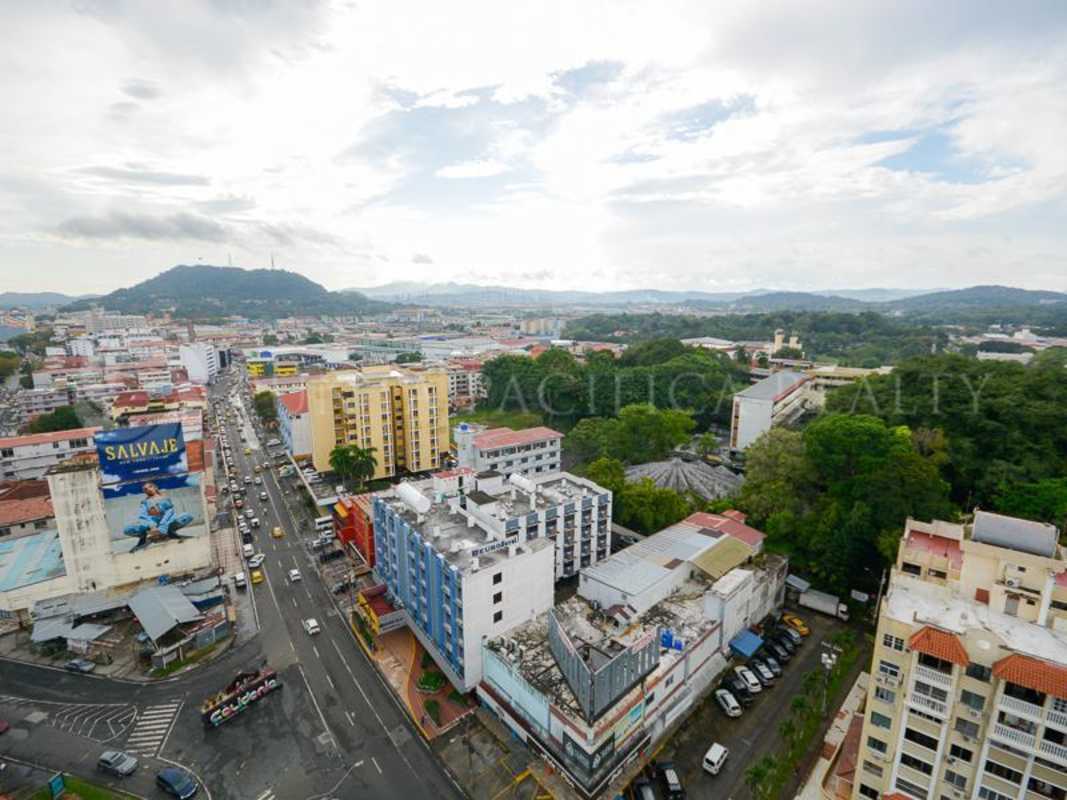 Aerial photo of Panama City skyline near Bella Vista with tall buildings and green areas