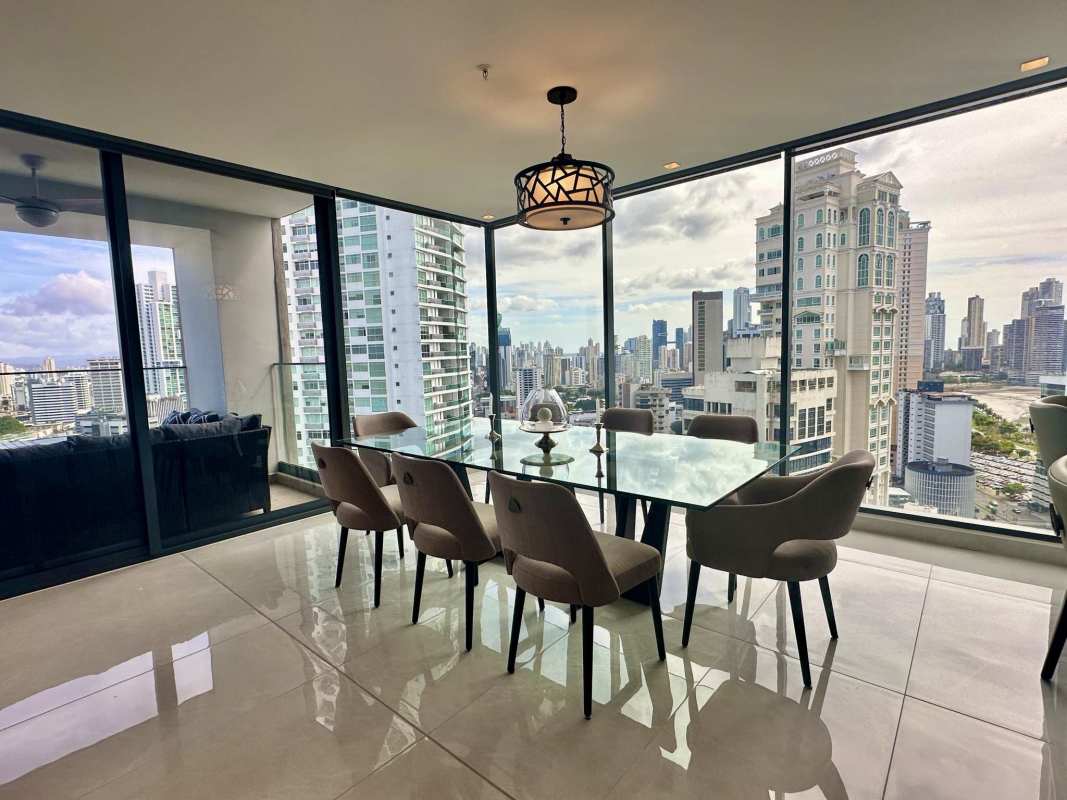 Dining room with glass windows panoramic view Panama PH Prestige Bella Vista