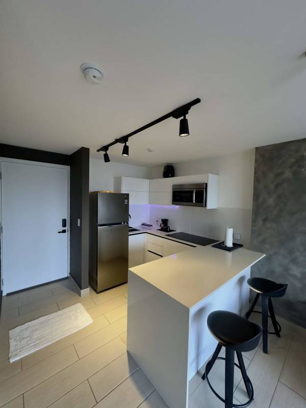 Contemporary kitchen with granite island, stainless appliances and track lighting in Living73 San Francisco Panama