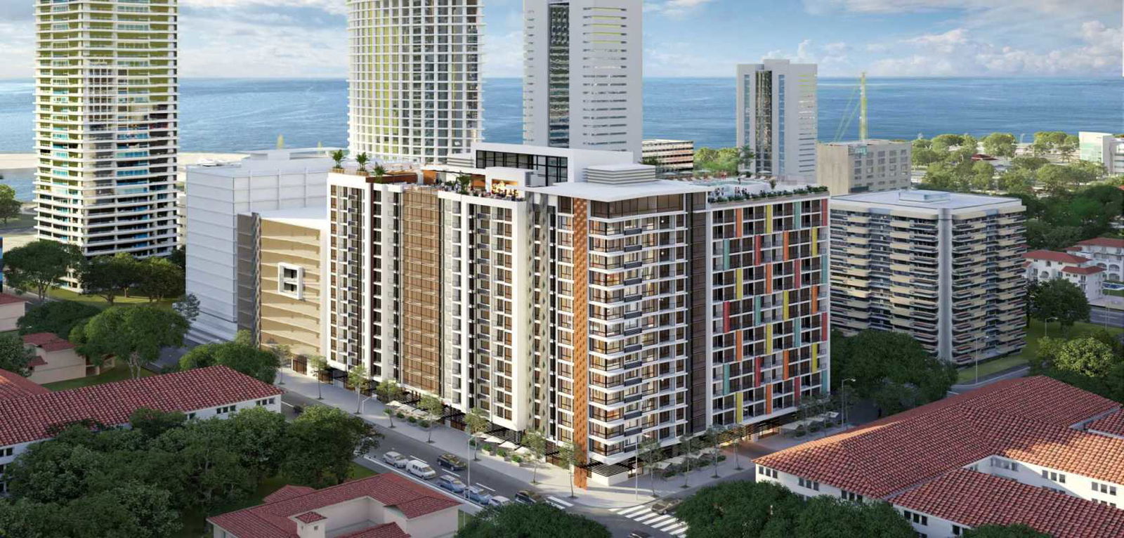 High rise PH Costana building with rooftop pools and city views near waterfront Cinta Costera Panama City