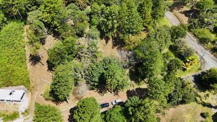 Aerial of clearing area on mountain view property with forest boundary in Altos del María Panama