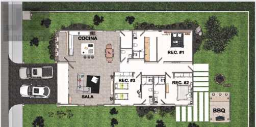 3-bedroom single-story villa blueprint with terrace, garage, yard in PH La Colonia Coronado
