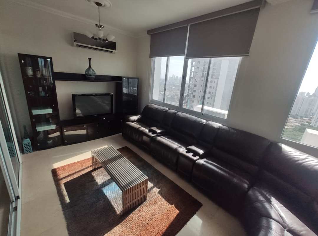 Panoramic skyline views from spacious penthouse living room Highland View Tower Panama