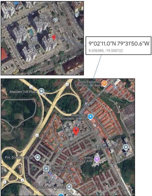 Aerial photo of PH McGregor Heights showing pool, parking and buildings in Condado del Rey Panama City