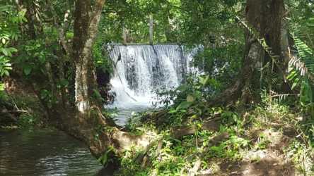 Private farm waterfall and creek amid natural landscape on Santiago ranch property Panama