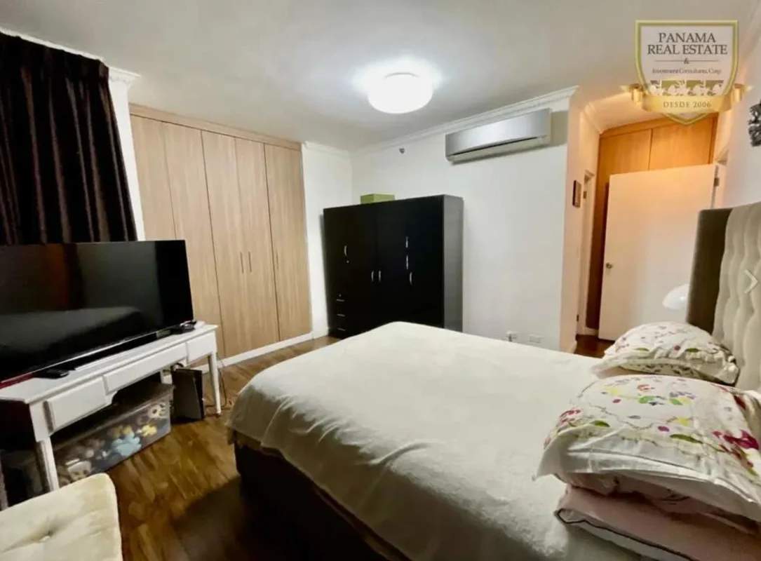 Balcony with panoramic city skyline view from apartment in PH Luxor El Cangrejo Panama