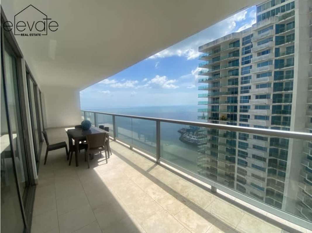 Spacious balcony with stunning ocean skyline view in Ocean Club apartment rental Panama City