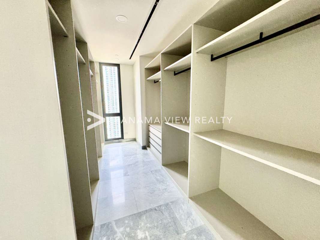 Large balcony terrace with glass railing and ocean views Upper East Tower Costa del Este Panama City