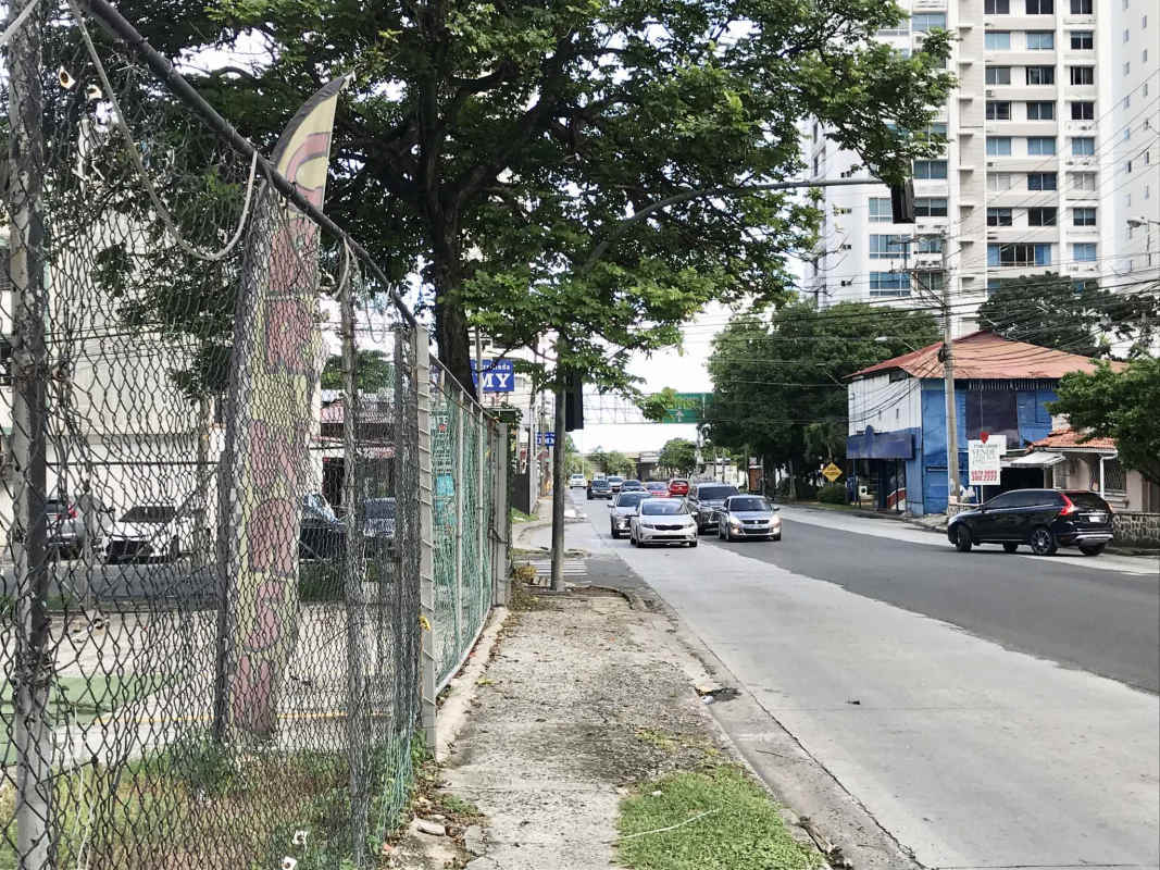 Urban fenced empty lot with large trees and urban skyline background in Coco del Mar Panama