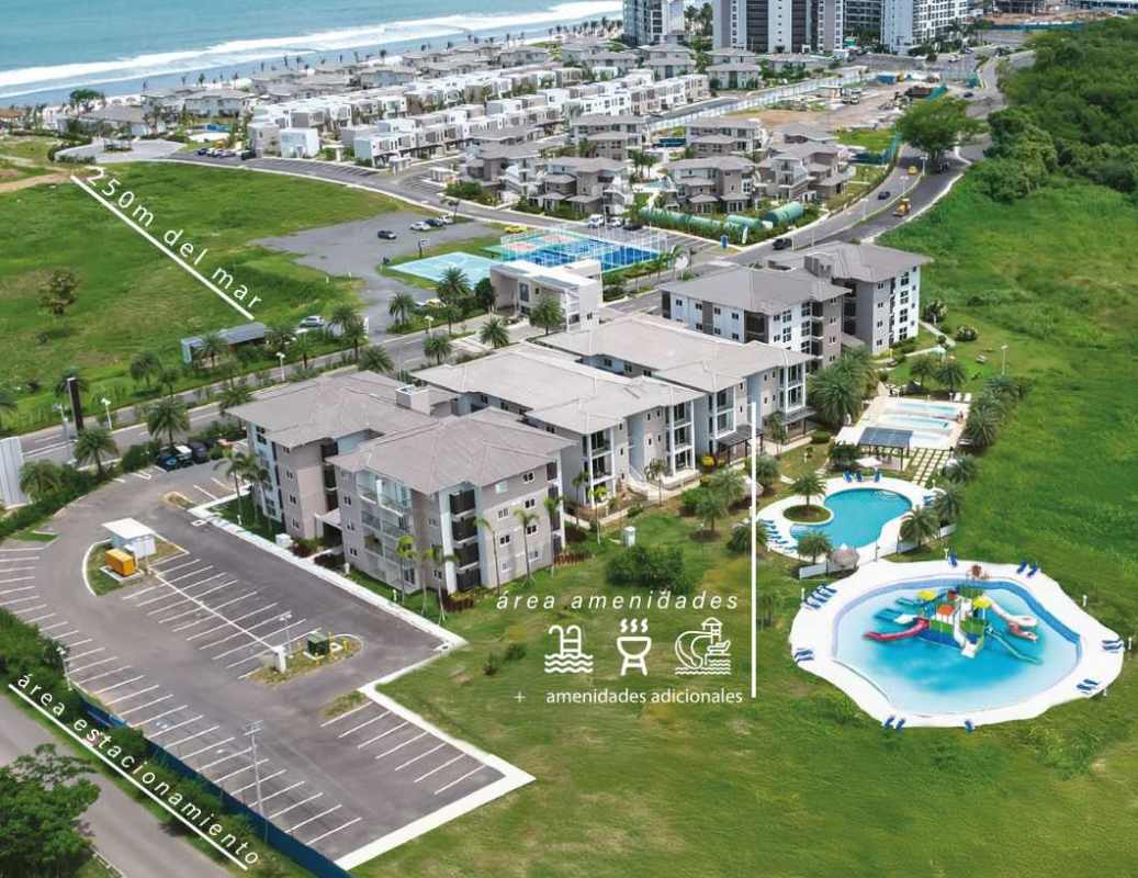 Coastal condo community aerial with pools, beach access Punta Chame Panama