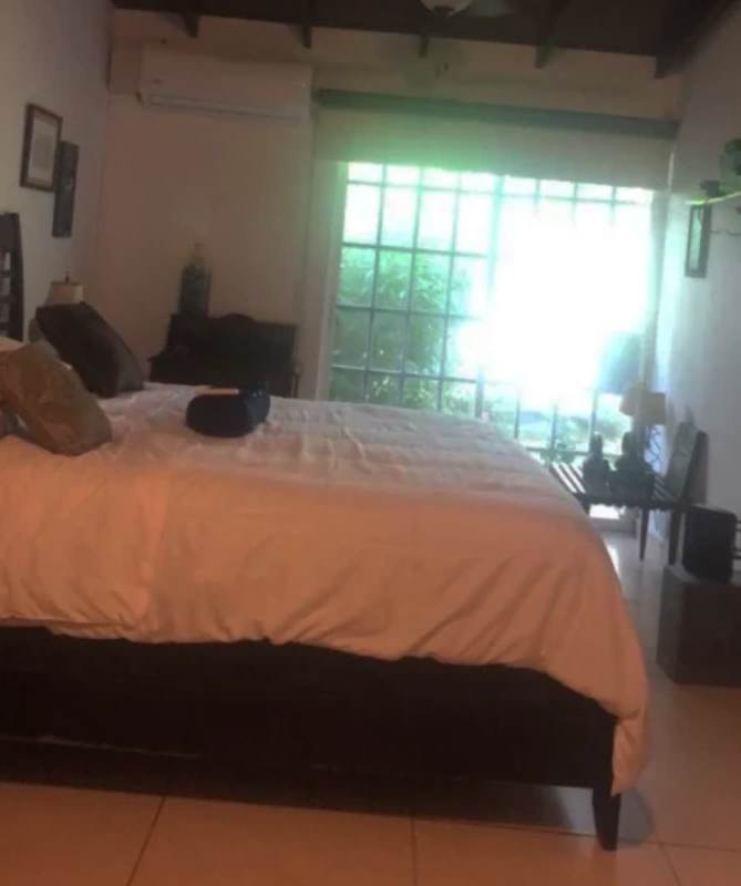 Bedroom with exposed wooden beams, AC, and large glass doors opening to greenery Clayton Panama