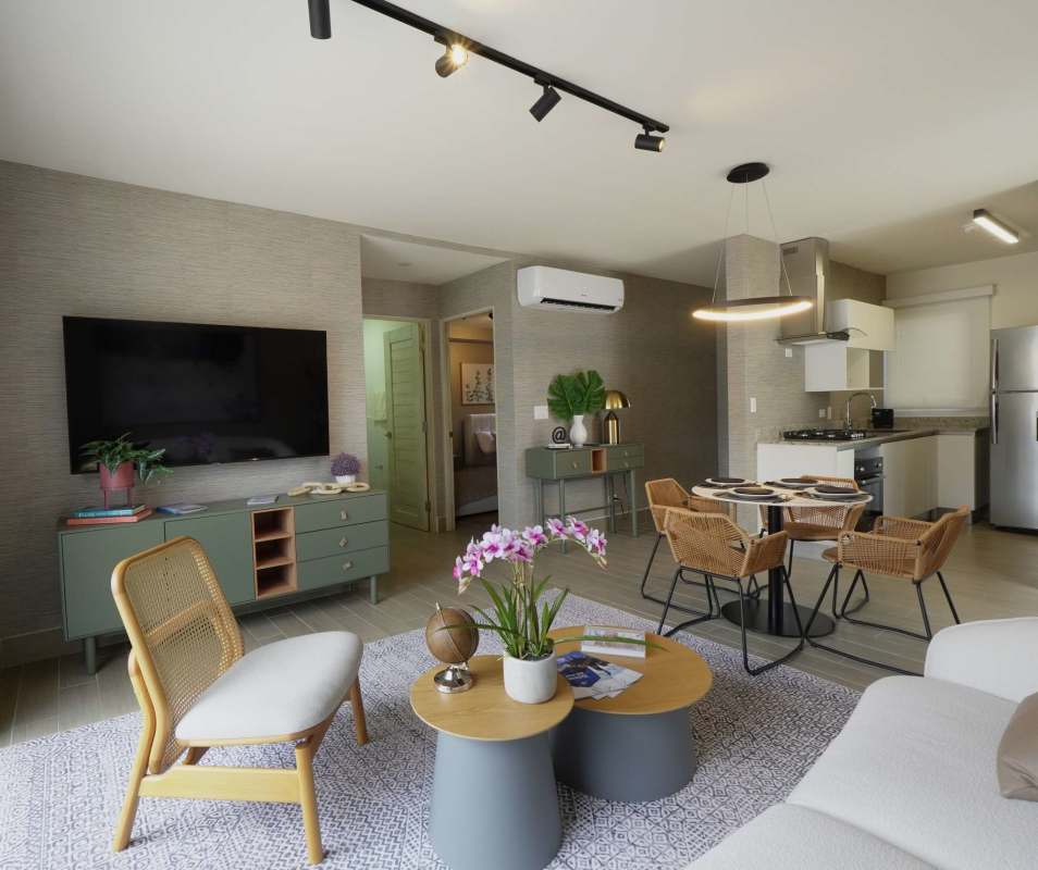 Contemporary open living-dining space with flat-screen TV, natural light, rattan decor