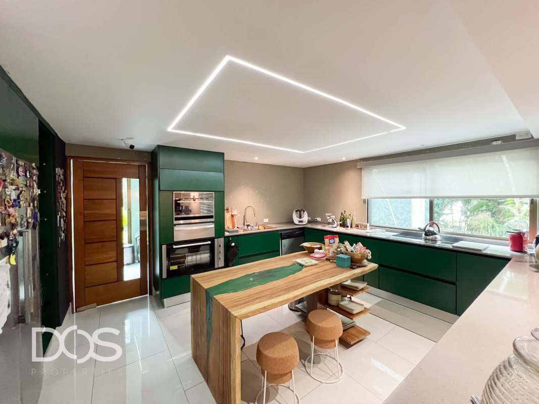 Modern kitchen with green cabinets, wood island, garden view window in Clayton Panama home