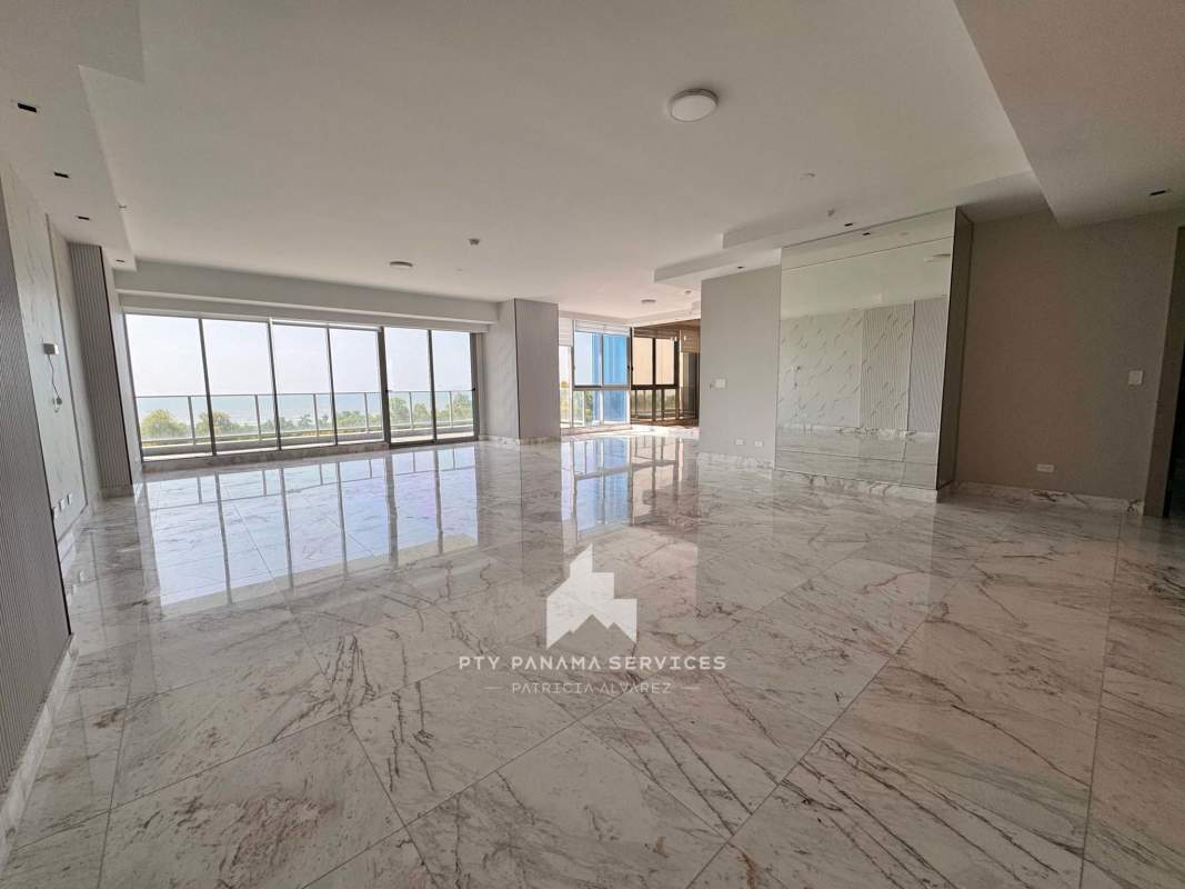 Open concept luxury living dining with ocean view marble floors PH Ocean Drive Costa del Este Panama