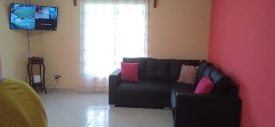 Simple kitchen with double sink, tiled countertop, appliances, Sorá Chame Panama house for rent