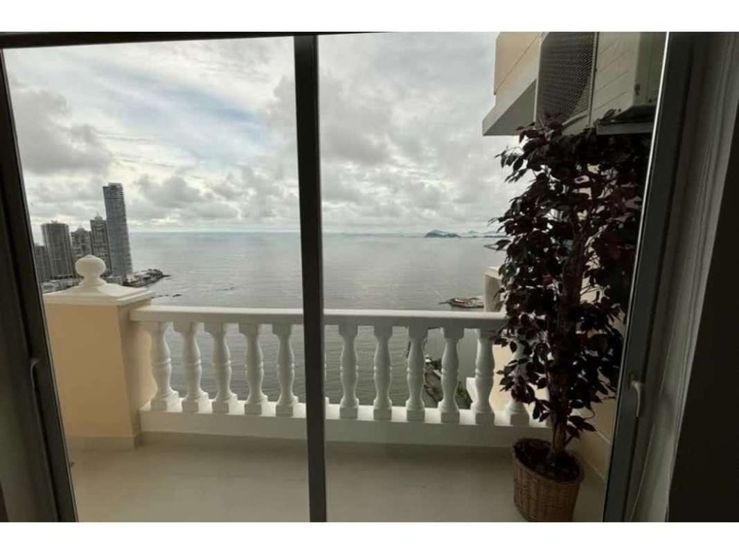 Balcony overlooking Pacific Ocean and Panama City skyline in Vista del Mar Panama apartment