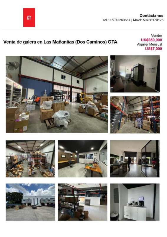 Industrial warehouse collage showing interior with racks, partitioned offices, and exterior parking area in Las Mañanitas Panama