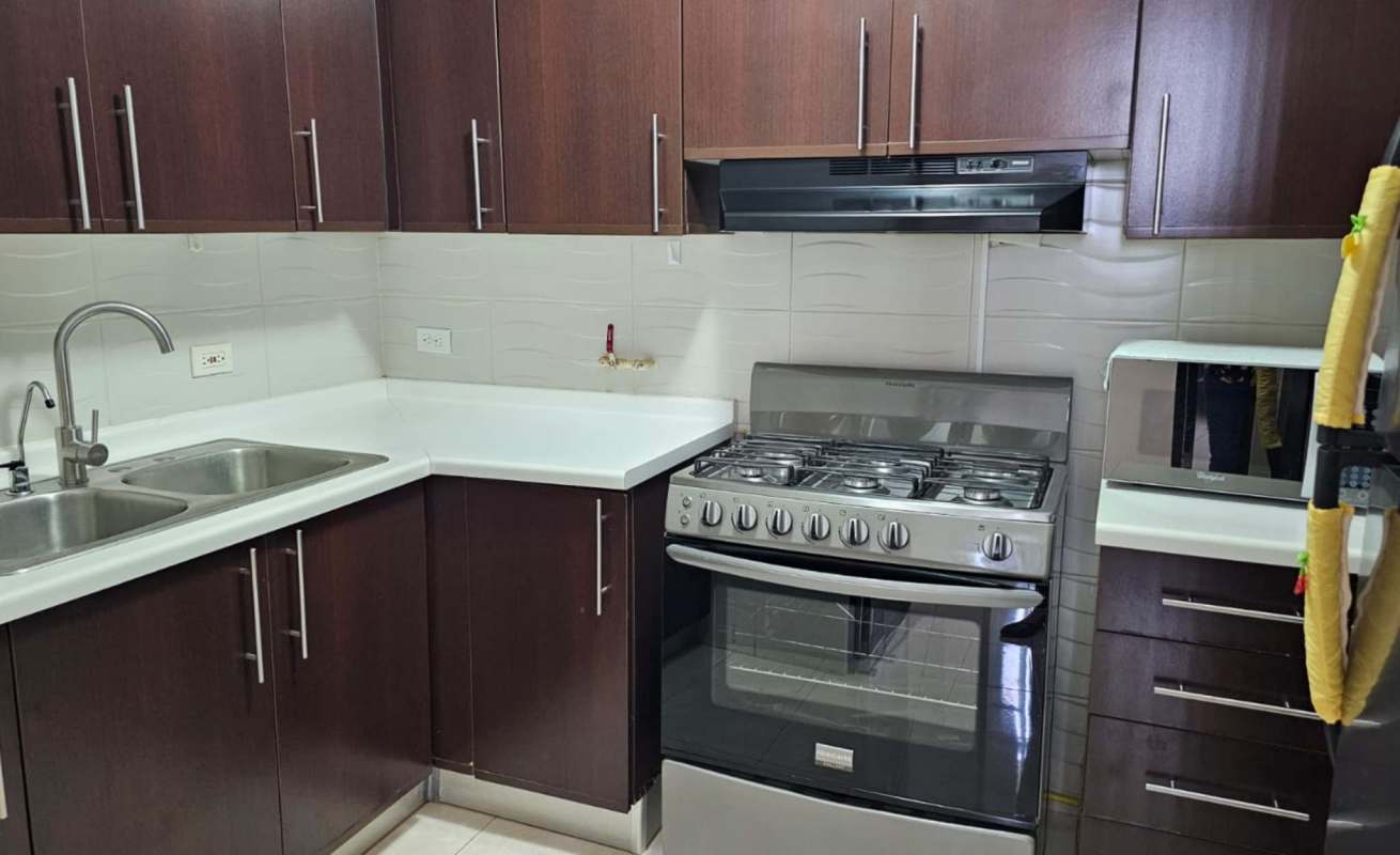 Kitchen with stainless appliances, double sink, dark cabinets in Dos Mares Apartment Panama