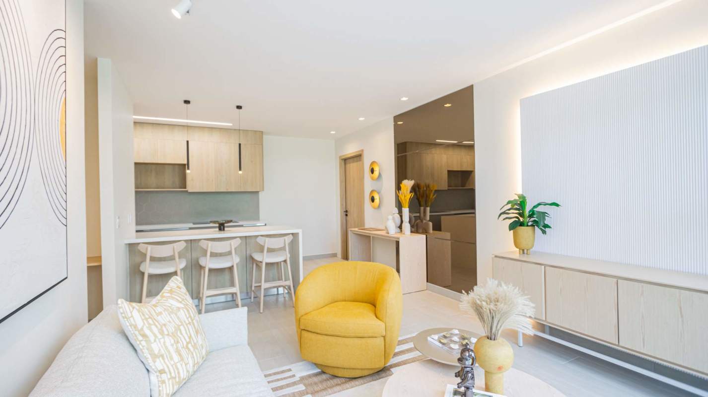 Bright bedroom with city view, built-in wardrobe in PH Costa del Este luxury apartment Panama