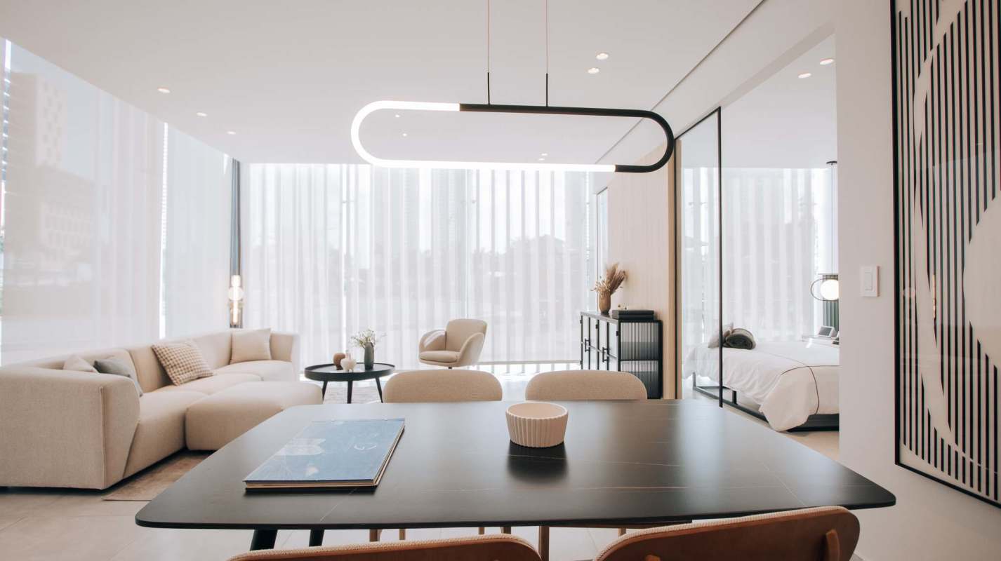 Bedroom with skyline window and modern decor in Be Suites Costa del Este Panama