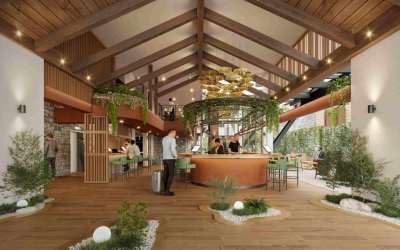 Stylish contemporary glass condo buildings surrounded by gardens and outdoor terraces in Boquete