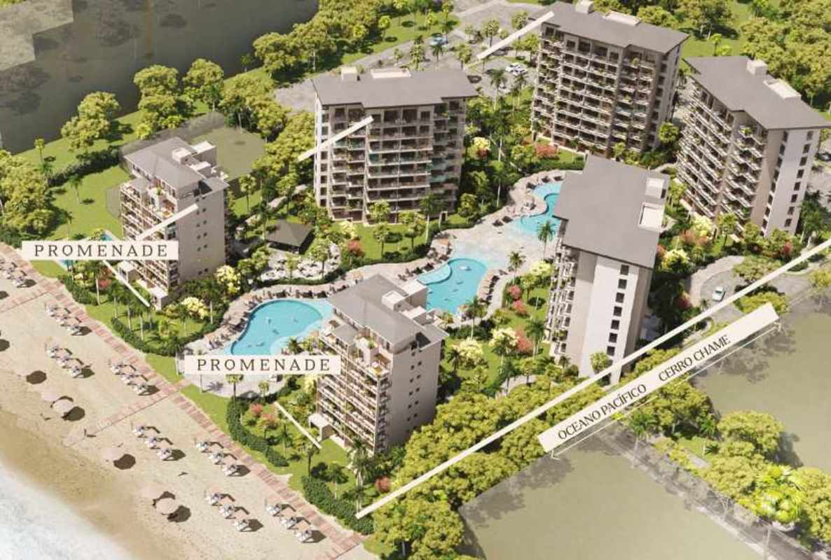 Aerial view of Beachwalk condominiums on Pacific beach Punta Chame Panama