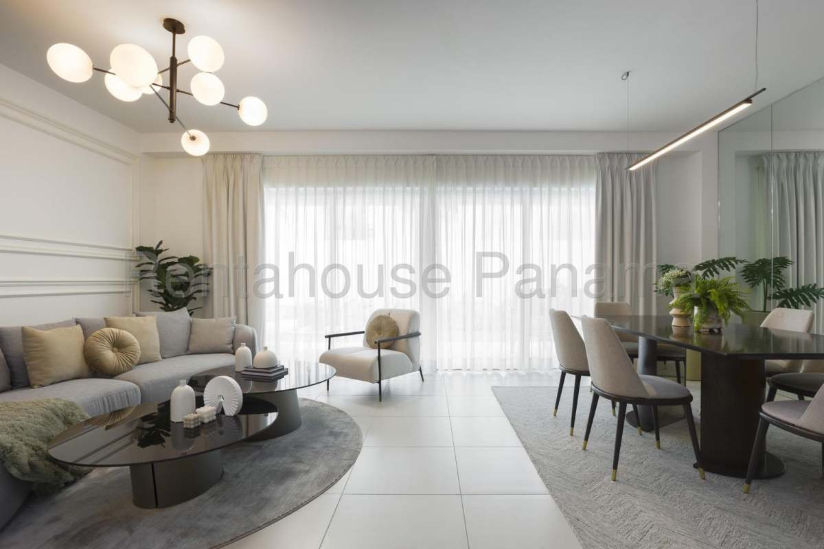 Contemporary open-plan living and dining room with access to garden terrace