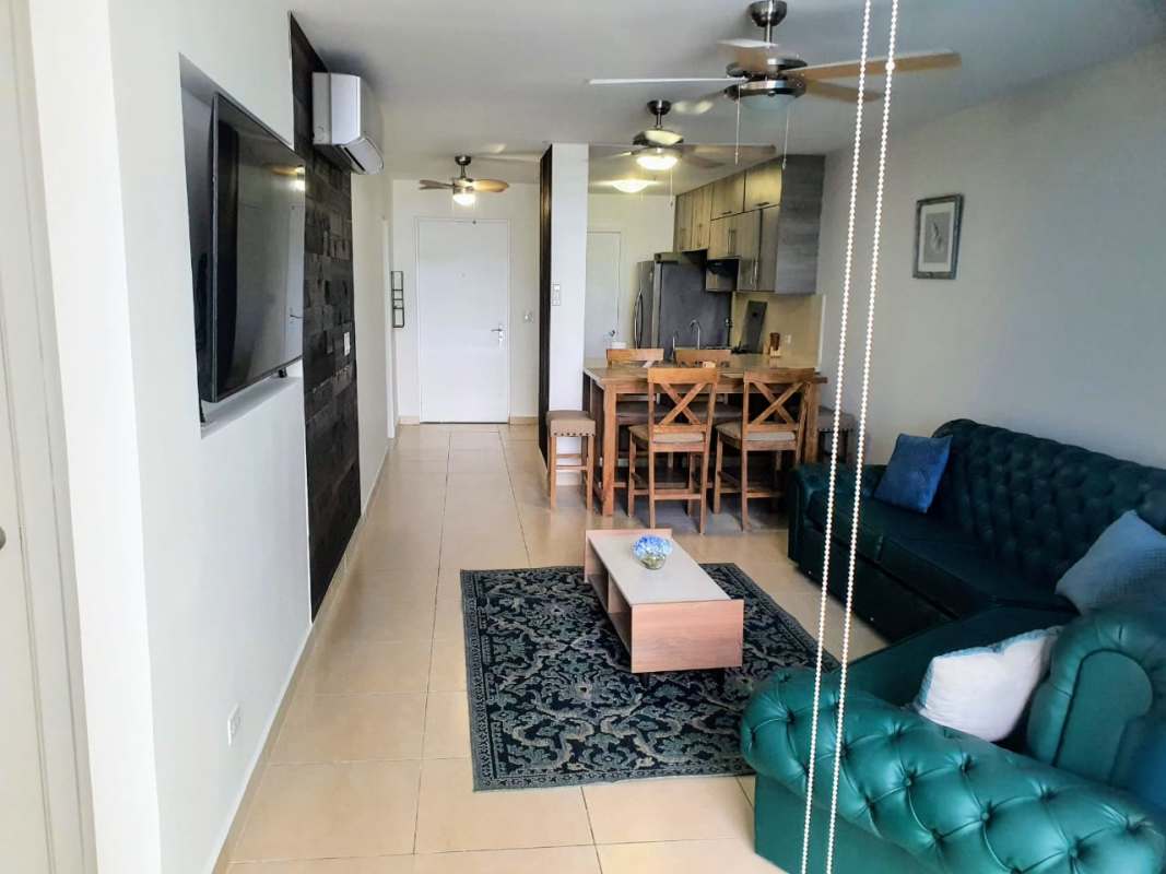 Furnished living room with ocean views at Oasis on the Bay Punta Pacífica Panama