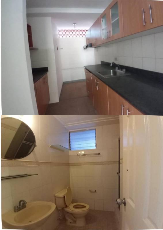 Functional kitchen with cabinets, ventilation window and tiled backsplash in Jardín Olímpico apartment Don Bosco Panama