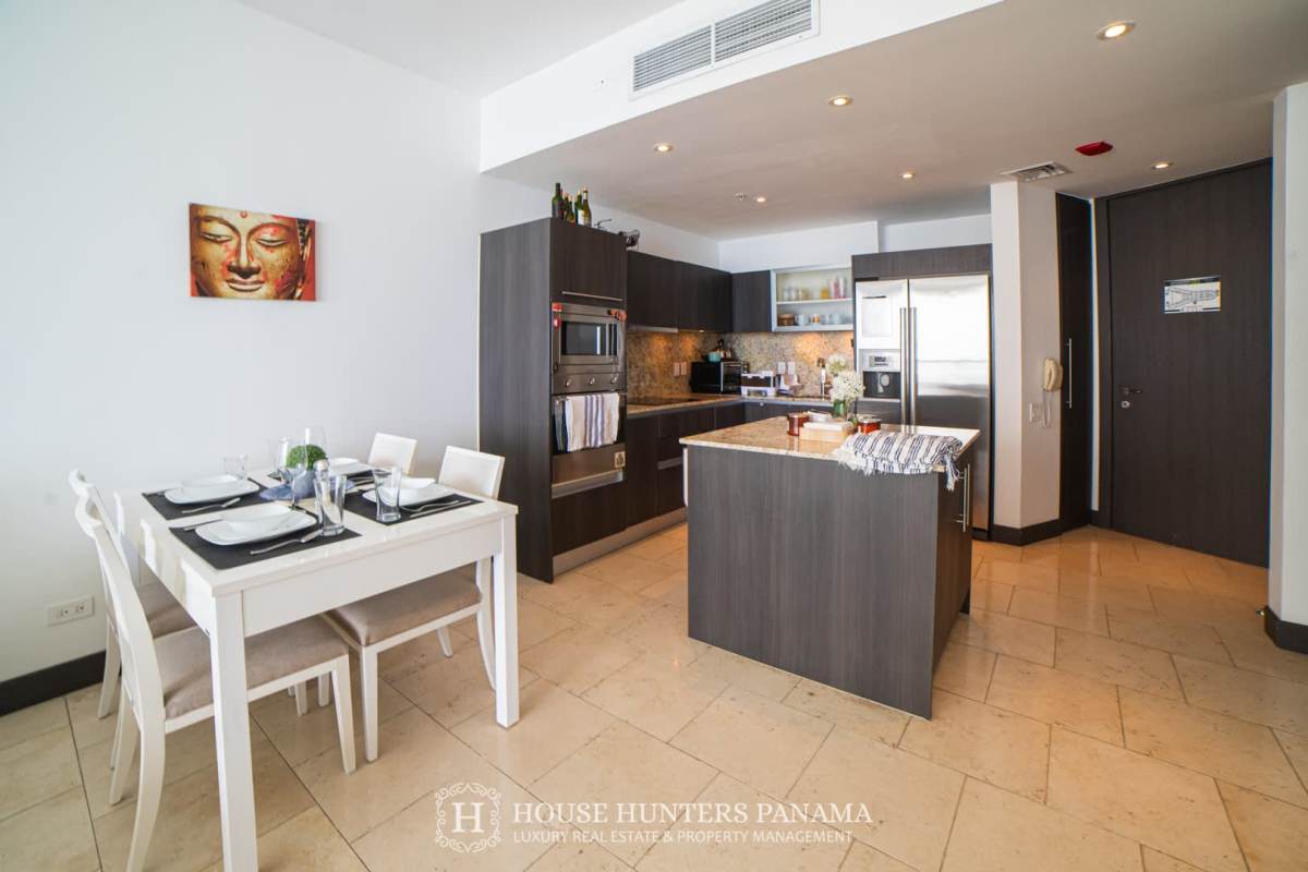 Modern marble bathroom with glass shower at The Ocean Club Punta Pacifica Panama