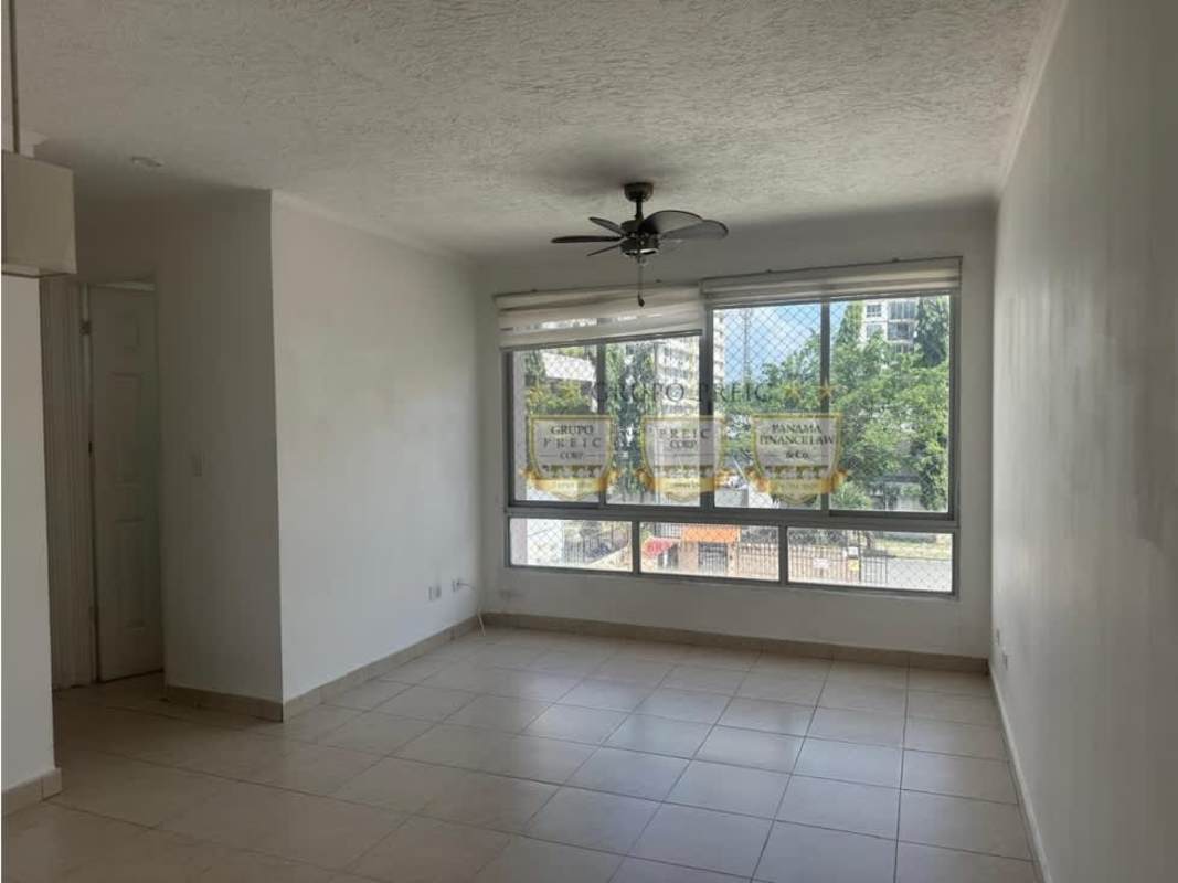 Living room with tile flooring, large window, ceiling fan, in PH Parque Lindo Carrasquilla Panama City