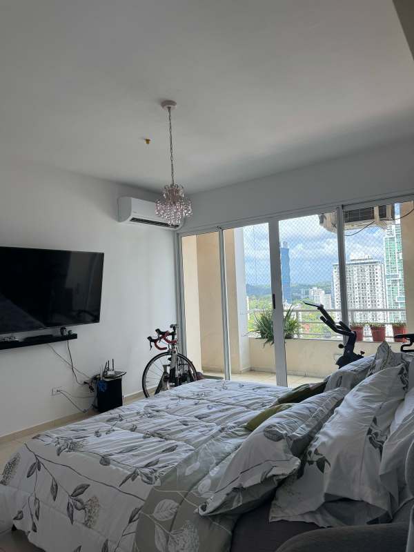 Spacious bedroom with panoramic window ocean view PH Vista del Mar Panama City