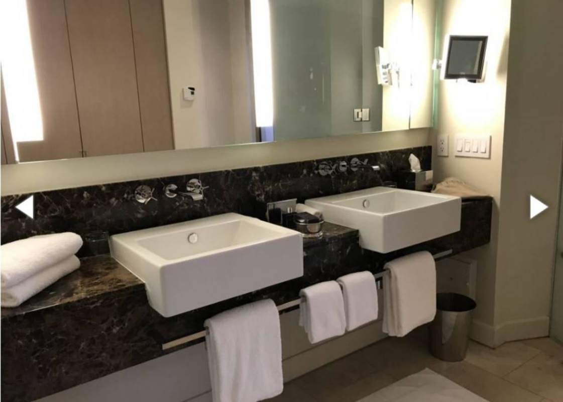 Luxury bathroom suite with double sinks and marble finishes JW Marriott Panama Punta Pacifica