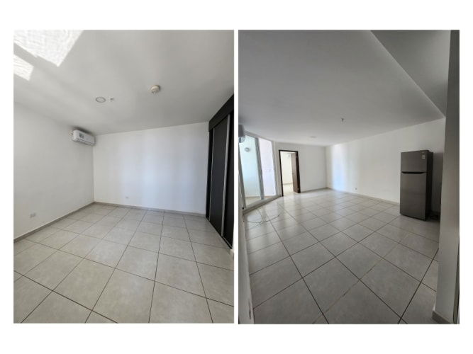 Bright living and dining room with balcony ocean views at PH Element Panama
