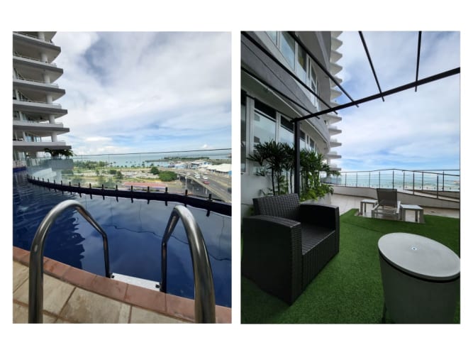 Luxury rooftop infinity pool with lounge chairs overlooking ocean PH Element Tower Panama