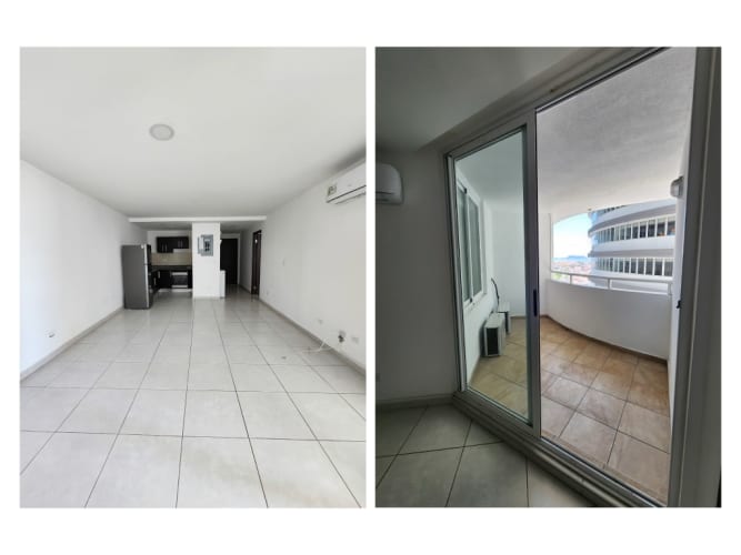 Bedroom featuring built-in closet, AC, large window with ocean skyline PH Element Calidonia Panama