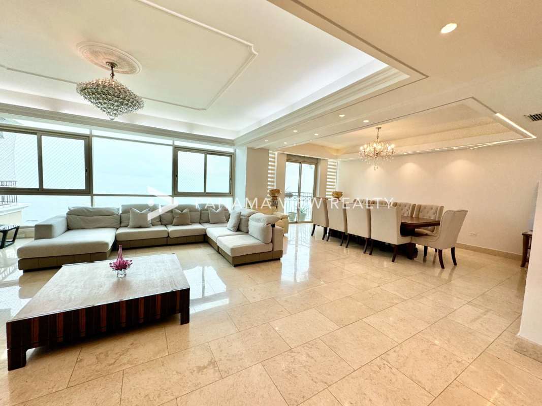 Chef's kitchen with island, marble counters, ocean view, luxury apartment in Punta Pacifica