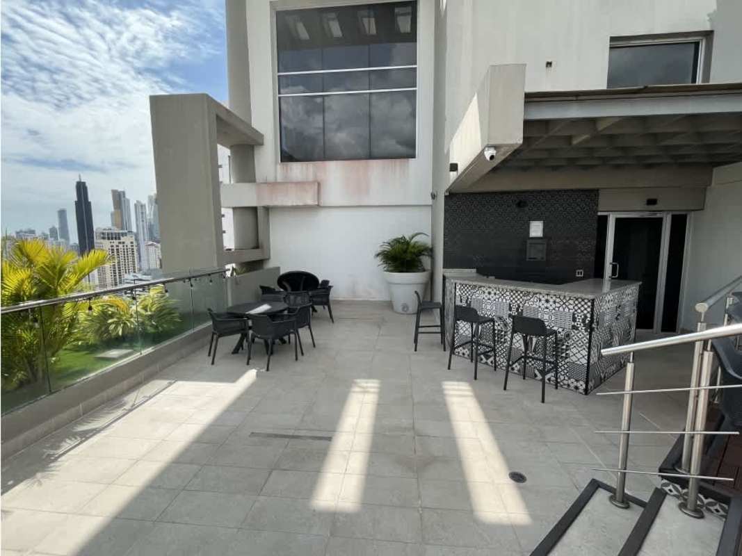 Exterior of PH Luxor 100 luxury condo tower with landscaping and palm trees in Panama City