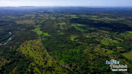 Aerial shot of natural countryside with open fields, creek, and mountain view in Caldera Boquete