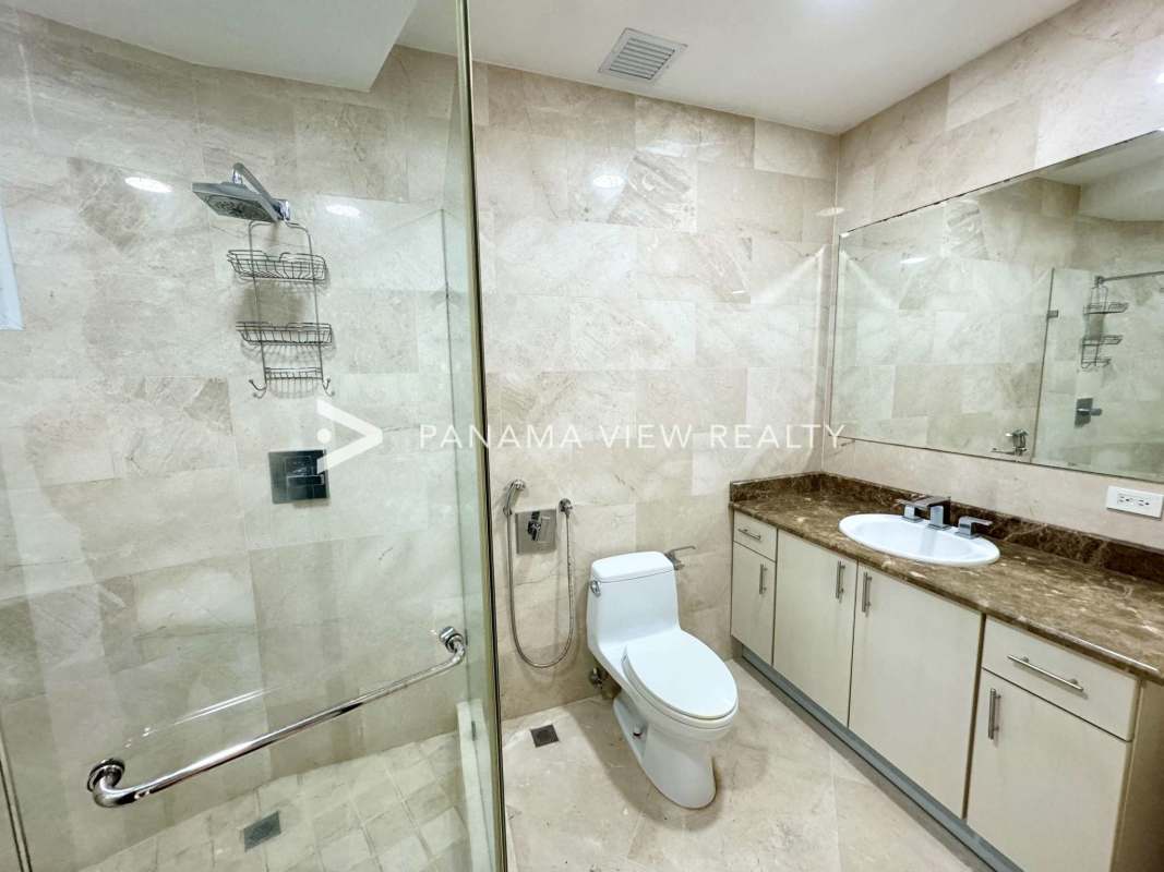 Large bedroom with marble floors and expansive windows Punta Paitilla Panama