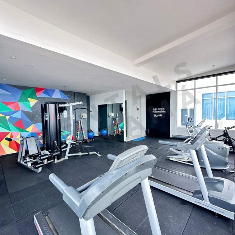 Modern gym with equipment, colorful accent wall, large windows at PH Vista Horizonte Panama