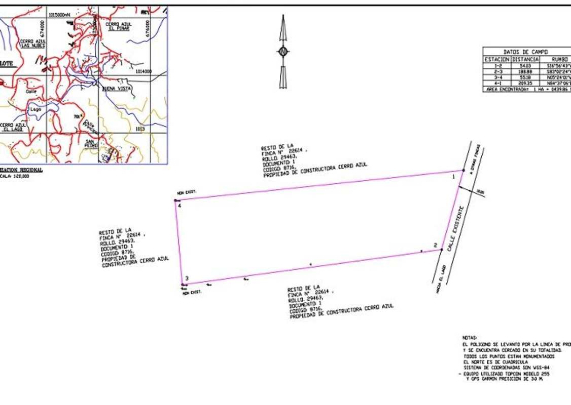 Survey map outlining property boundaries of 1 hectare lot in Cerro Azul