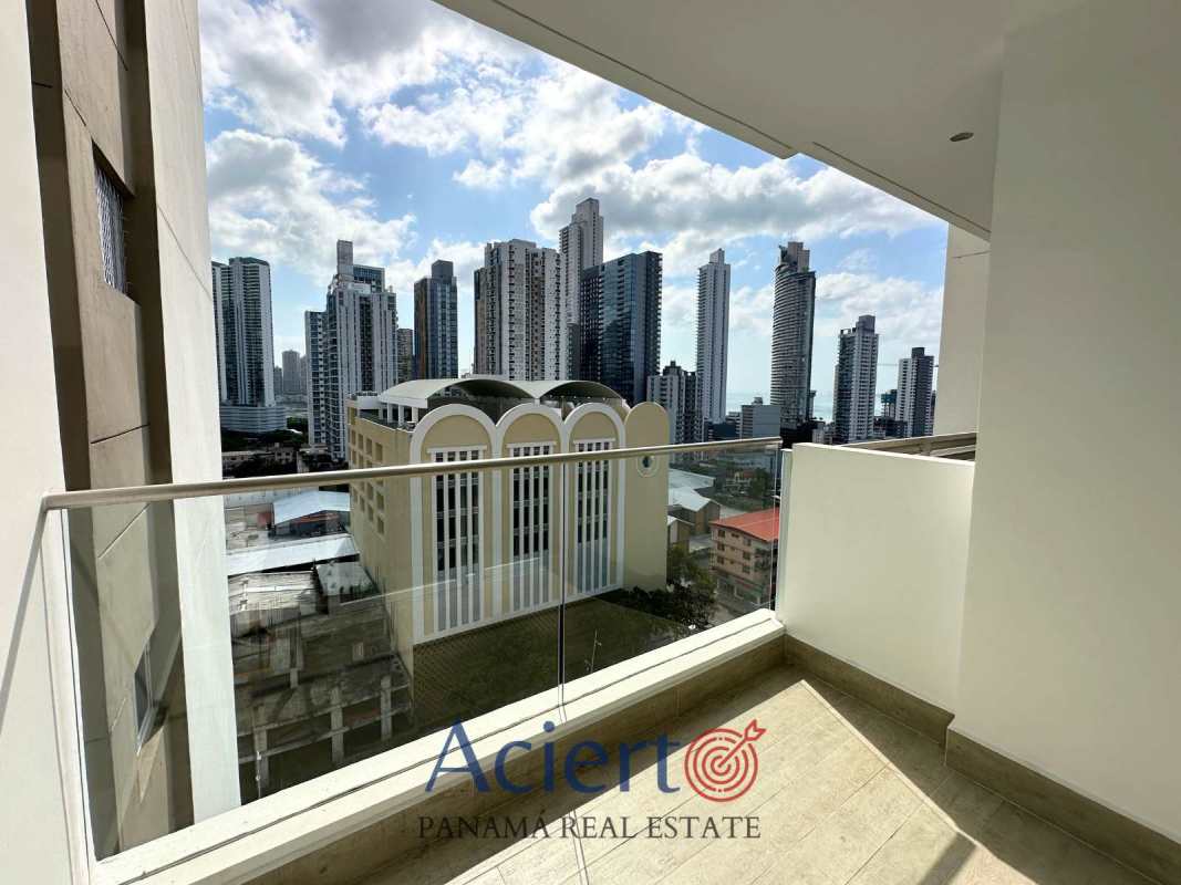 Modern bedroom with large windows and panoramic city view in PH Bella Vista Park Panama City